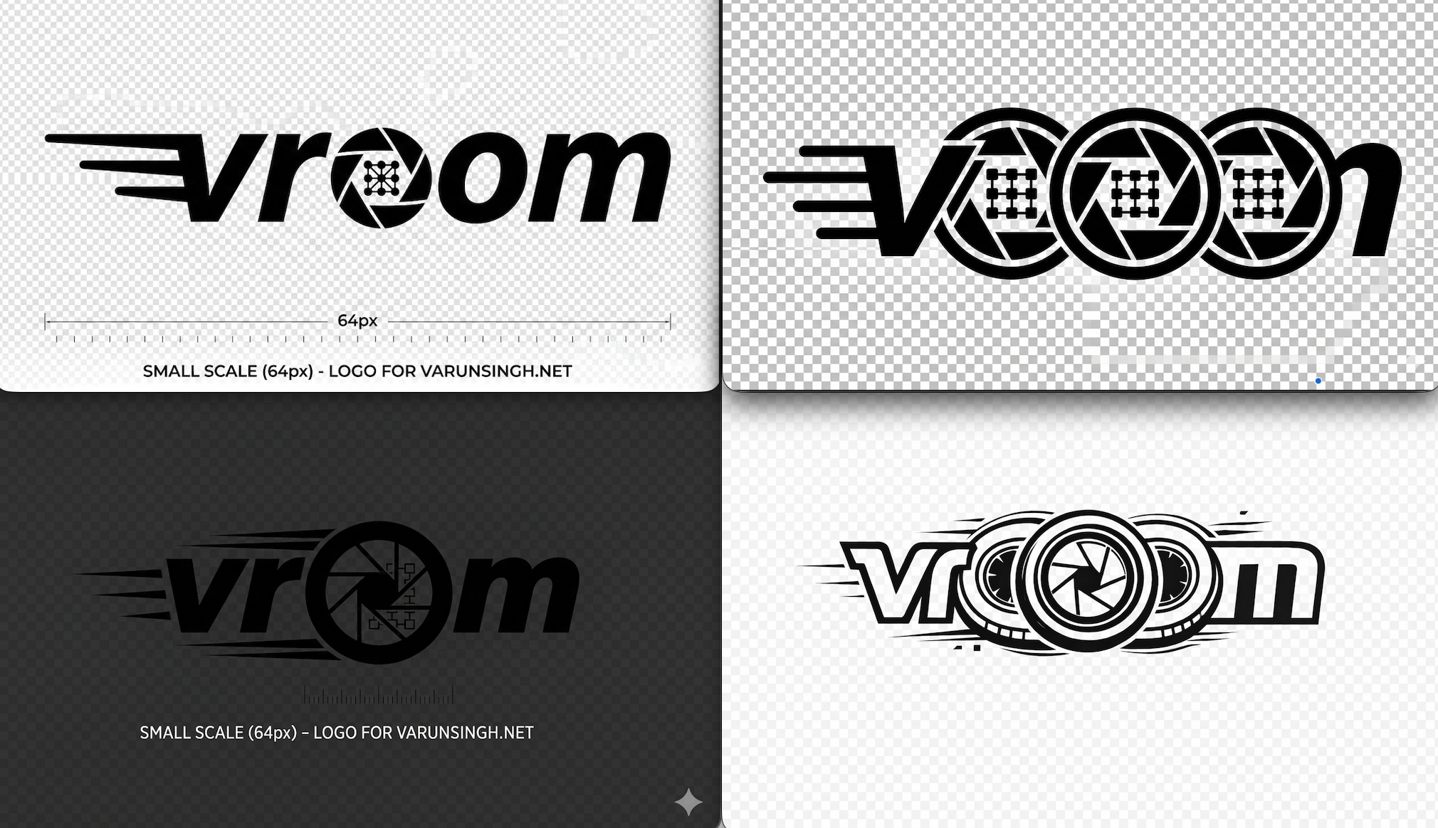 Initial iterations: the model defaulted to "VROOM" with fused icons and a checkerboard background